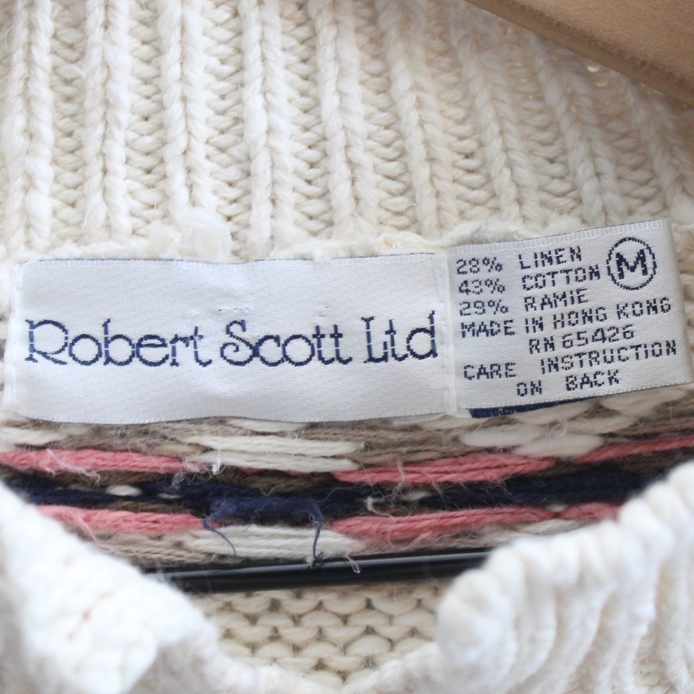 Robert Scott Ltd VTG Cream Knit Linen Cotton Fair Isle Collared Sweater Medium - Picture 3 of 4